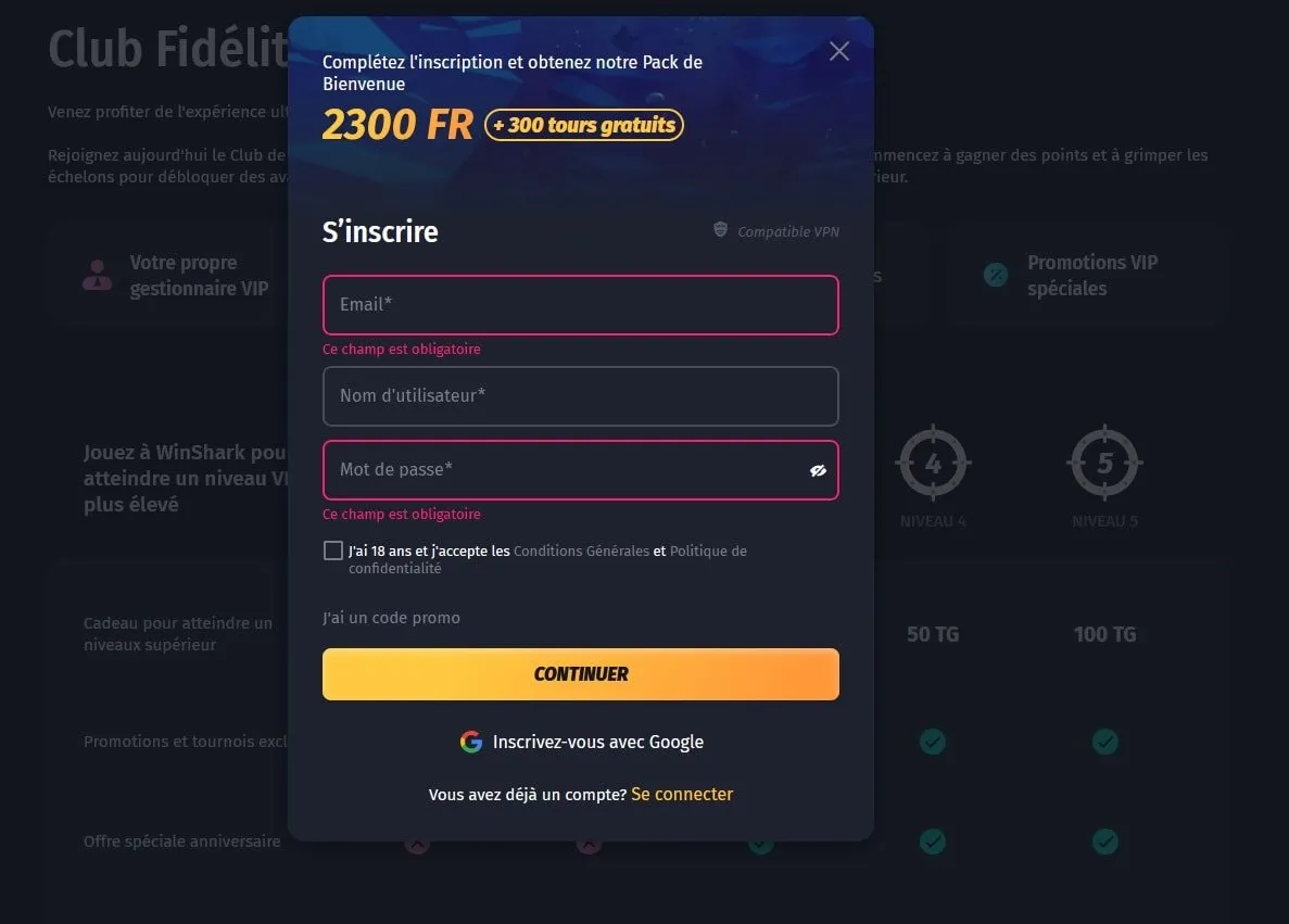 Winshark Casino Inscription