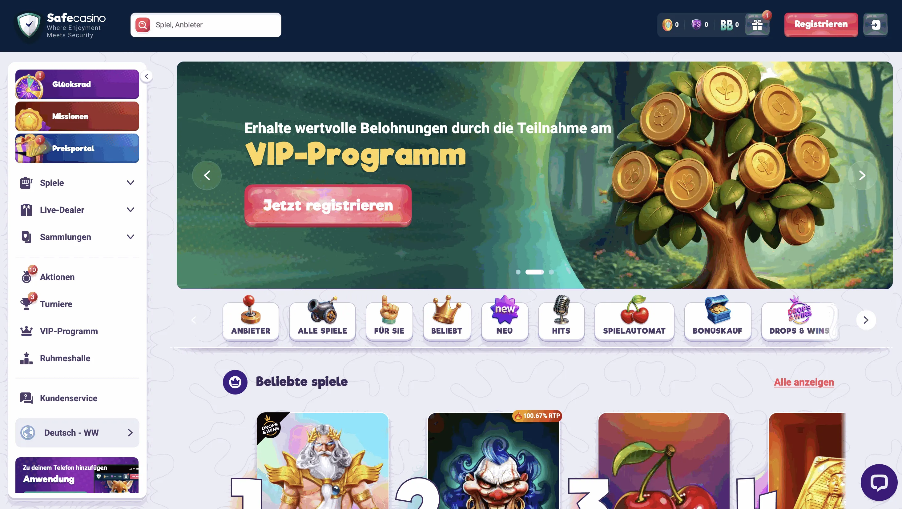 SafeCasino Online Casino Schweiz Startseite mit Bonus und Spielen
